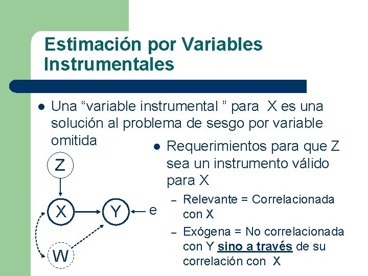 Estimación por Variables Instrumentales l Una “variable instrumental ” para X es una solución