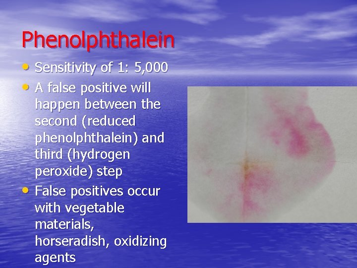 Phenolphthalein • Sensitivity of 1: 5, 000 • A false positive will • happen