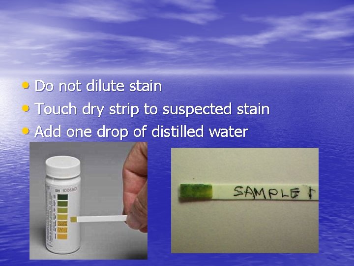  • Do not dilute stain • Touch dry strip to suspected stain •