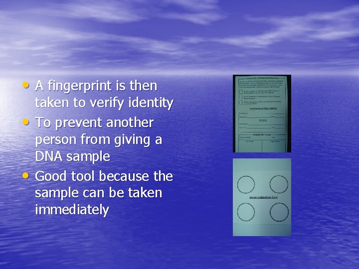  • A fingerprint is then • • taken to verify identity To prevent