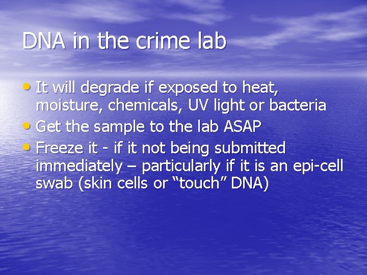 DNA in the crime lab • It will degrade if exposed to heat, moisture,