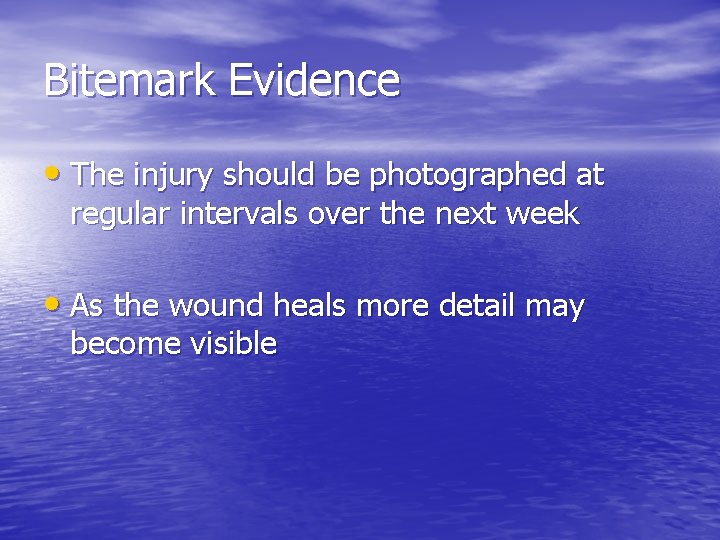 Bitemark Evidence • The injury should be photographed at regular intervals over the next