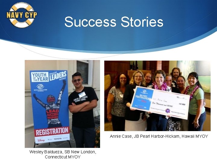 Success Stories Annie Case, JB Pearl Harbor-Hickam, Hawaii MYOY Wesley Baldueza, SB New London,