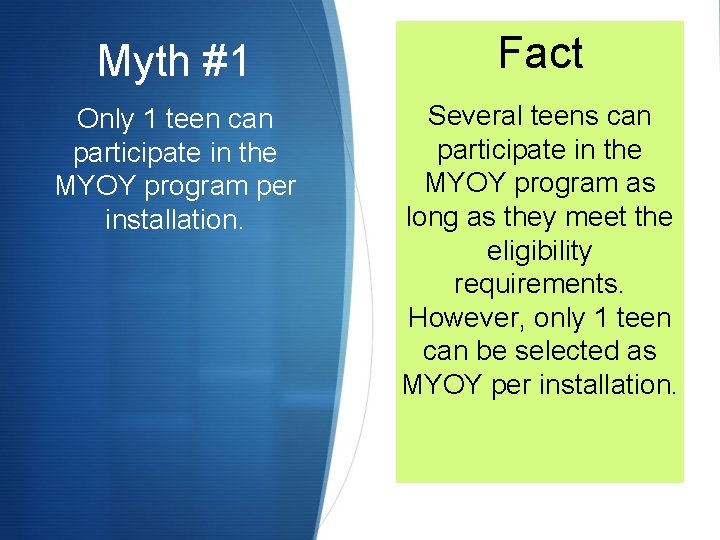 Myth #1 Fact Only 1 teen can participate in the MYOY program per installation.