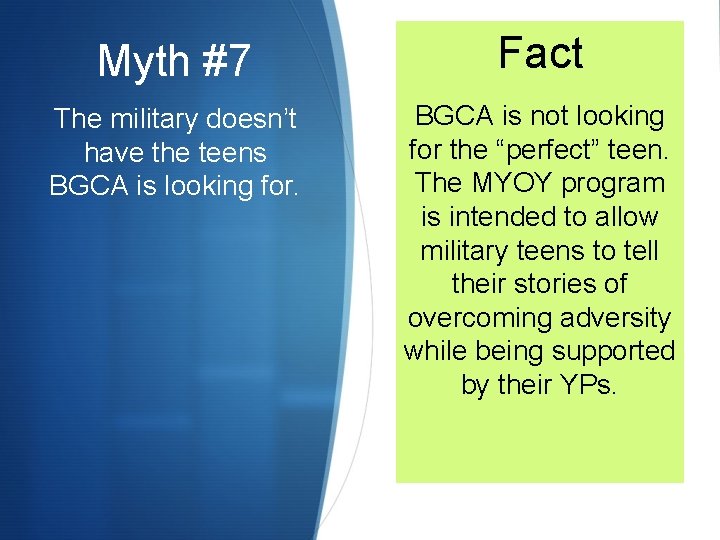 Myth #7 Fact The military doesn’t have the teens BGCA is looking for. BGCA
