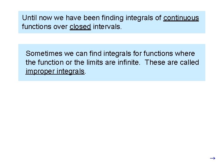 Until now we have been finding integrals of continuous functions over closed intervals. Sometimes