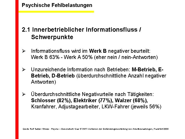 Psychische Fehlbelastungen 2. 1 Innerbetrieblicher Informationsfluss / Schwerpunkte Ø Informationsfluss wird im Werk B