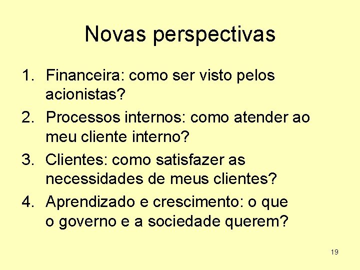 Novas perspectivas 1. Financeira: como ser visto pelos acionistas? 2. Processos internos: como atender