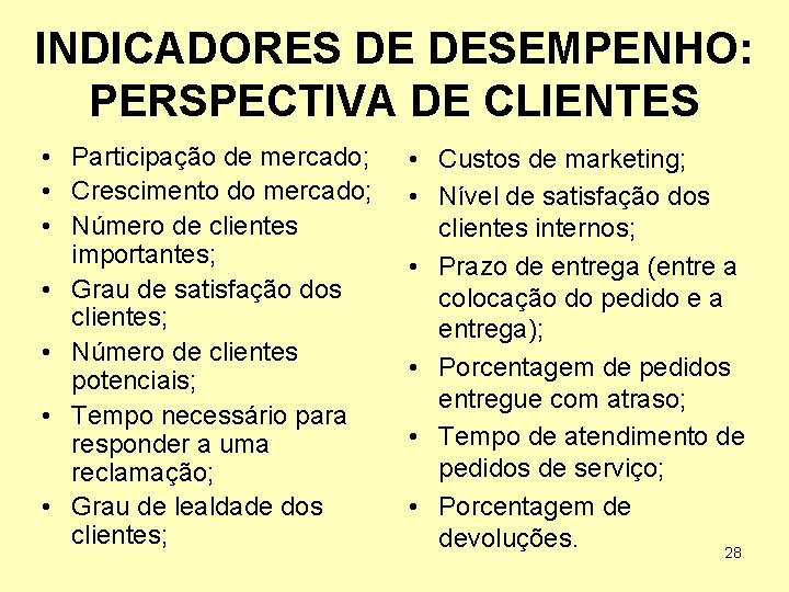 INDICADORES DE DESEMPENHO: PERSPECTIVA DE CLIENTES • Participação de mercado; • Crescimento do mercado;