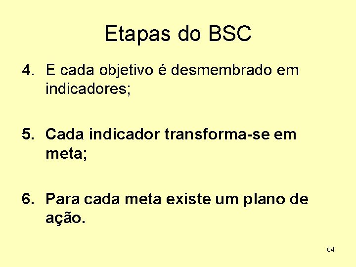 Etapas do BSC 4. E cada objetivo é desmembrado em indicadores; 5. Cada indicador