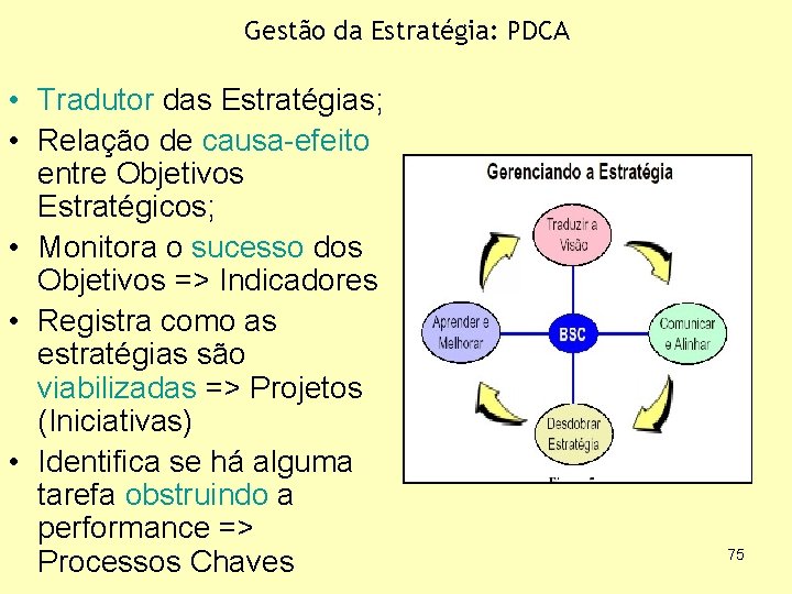 Gestão da Estratégia: PDCA • Tradutor das Estratégias; • Relação de causa-efeito entre Objetivos