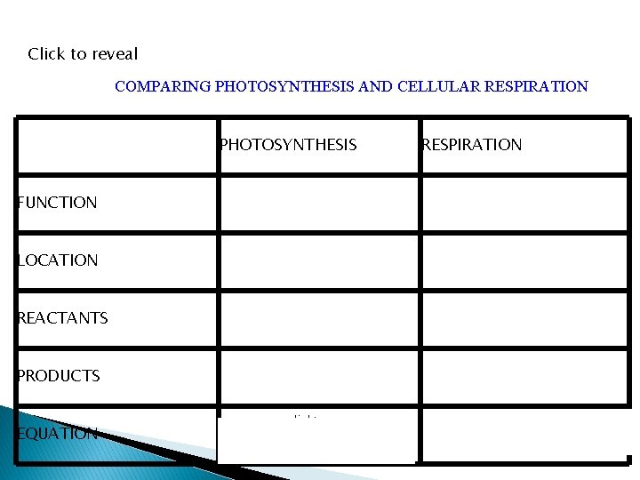 Click to reveal COMPARING PHOTOSYNTHESIS AND CELLULAR RESPIRATION PHOTOSYNTHESIS RESPIRATION FUNCTION Production of Glucose