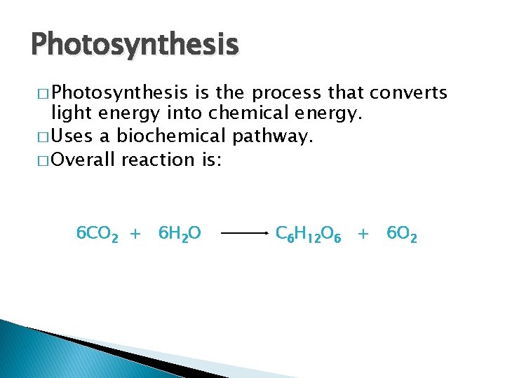 Photosynthesis � Photosynthesis is the process that converts light energy into chemical energy. �