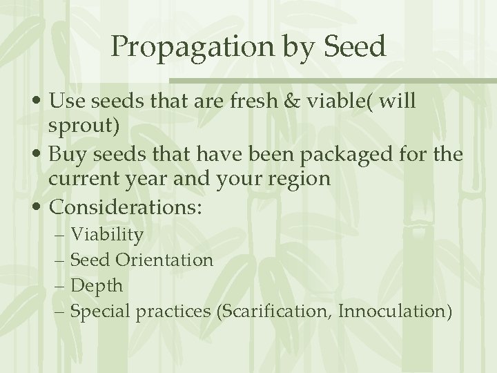 Propagation by Seed • Use seeds that are fresh & viable( will sprout) •