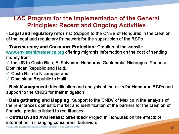 LAC Program for the Implementation of the General Principles: Recent and Ongoing Activities •