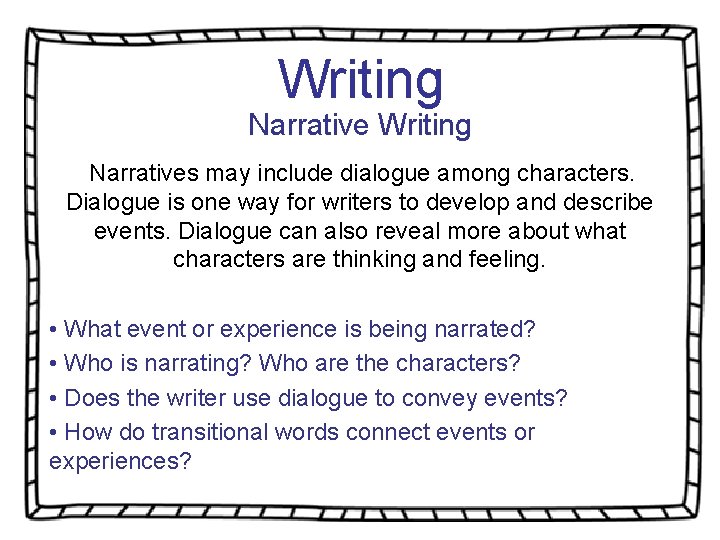 Writing Narratives may include dialogue among characters. Dialogue is one way for writers to