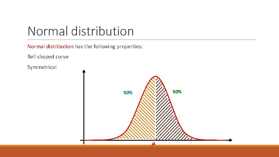 Normal distribution has the following properties: Bell shaped curve Symmetrical 50% μ 