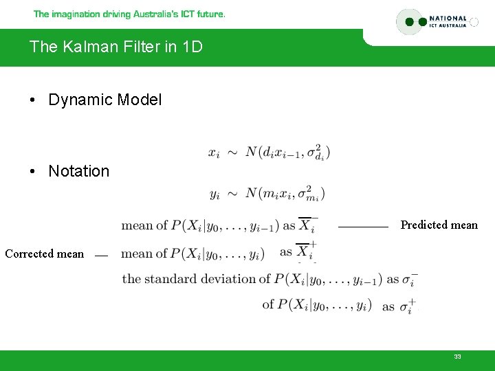 The Kalman Filter in 1 D • Dynamic Model • Notation Predicted mean Corrected