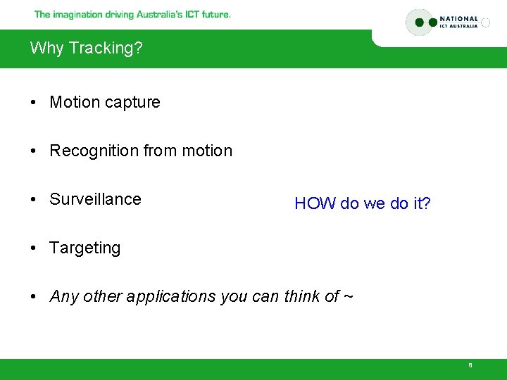 Why Tracking? • Motion capture • Recognition from motion • Surveillance HOW do we