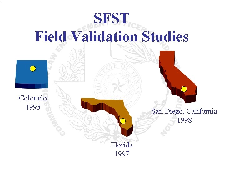 SFST Field Validation Studies Colorado 1995 San Diego, California 1998 Florida 1997 