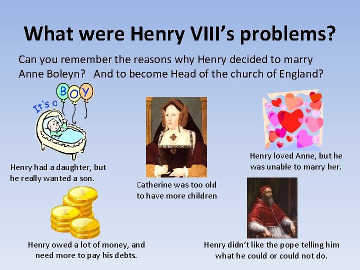 What were Henry VIII’s problems? Can you remember the reasons why Henry decided to