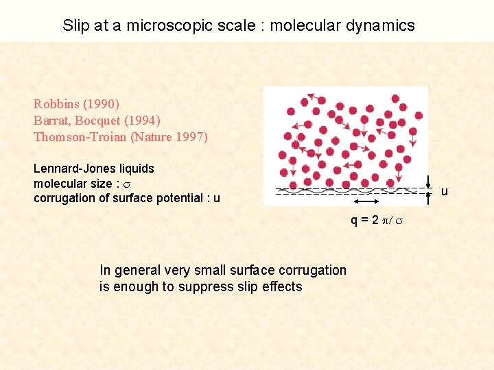 Slip at a microscopic scale : molecular dynamics Robbins (1990) Barrat, Bocquet (1994) Thomson-Troian