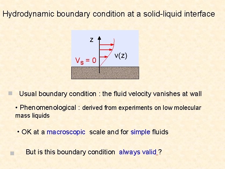 Hydrodynamic boundary condition at a solid-liquid interface z VS = 0 n v(z) Usual