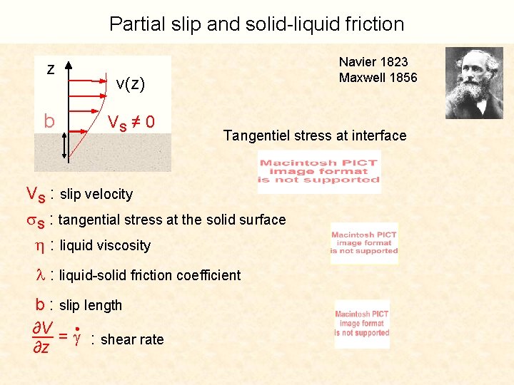 Partial slip and solid-liquid friction z b Navier 1823 Maxwell 1856 v(z) VS ≠