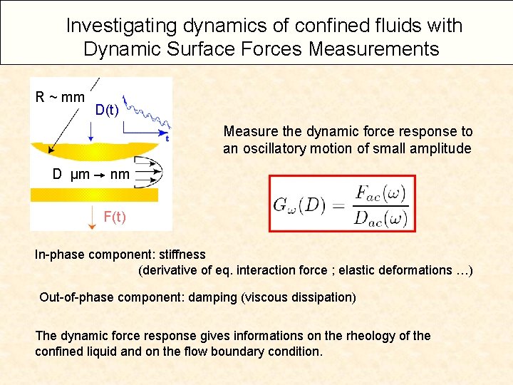  Investigating dynamics of confined fluids with Dynamic Surface Forces Measurements R ~ mm