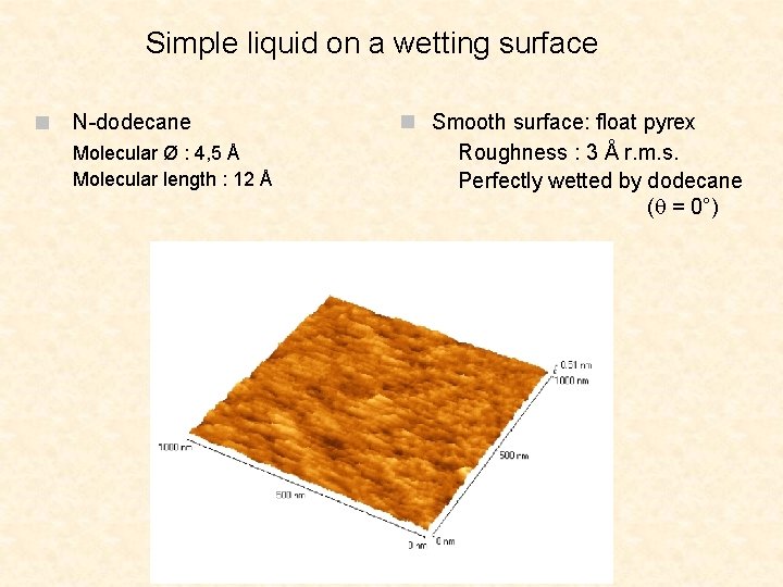 Simple liquid on a wetting surface n N-dodecane Molecular Ø : 4, 5 Å