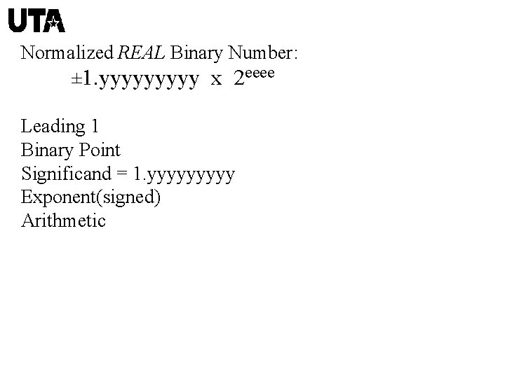 Normalized REAL Binary Number: ± 1. yyyyy x 2 eeee Leading 1 Binary Point
