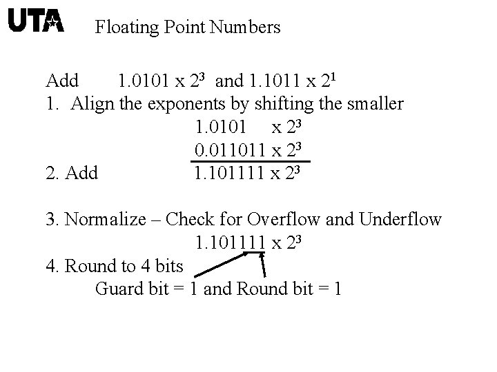 Floating Point Numbers Add 1. 0101 x 23 and 1. 1011 x 21 1.