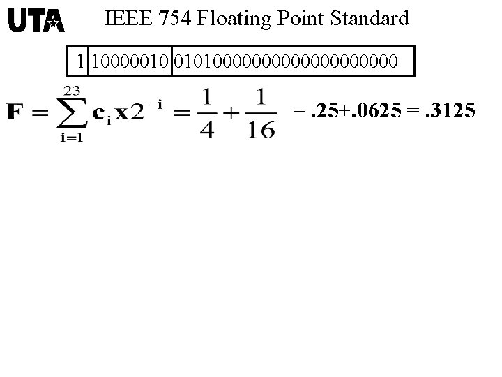 IEEE 754 Floating Point Standard 1 10000010 01010000000000 =. 25+. 0625 =. 3125 