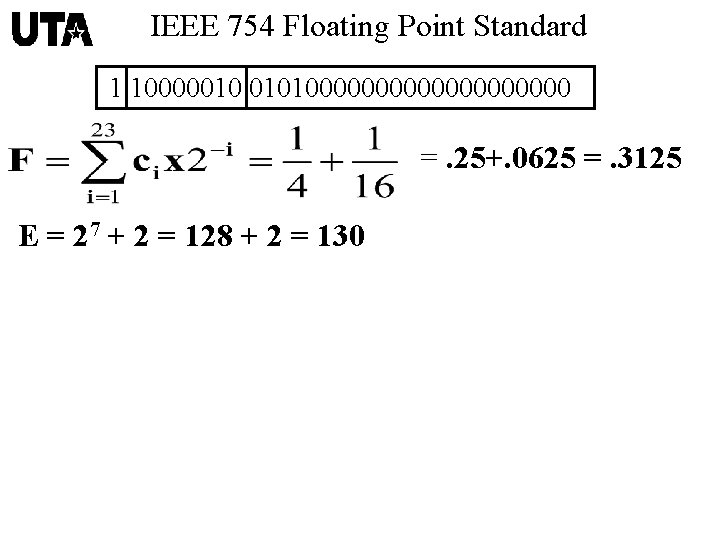 IEEE 754 Floating Point Standard 1 10000010 01010000000000 =. 25+. 0625 =. 3125 E