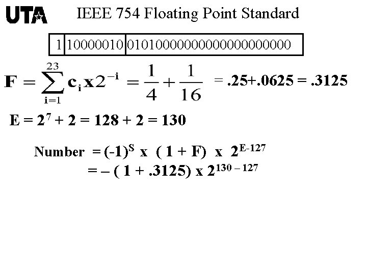 IEEE 754 Floating Point Standard 1 10000010 01010000000000 =. 25+. 0625 =. 3125 E