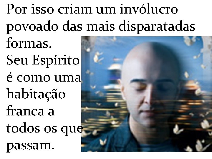 Por isso criam um invólucro povoado das mais disparatadas formas. Seu Espírito é como