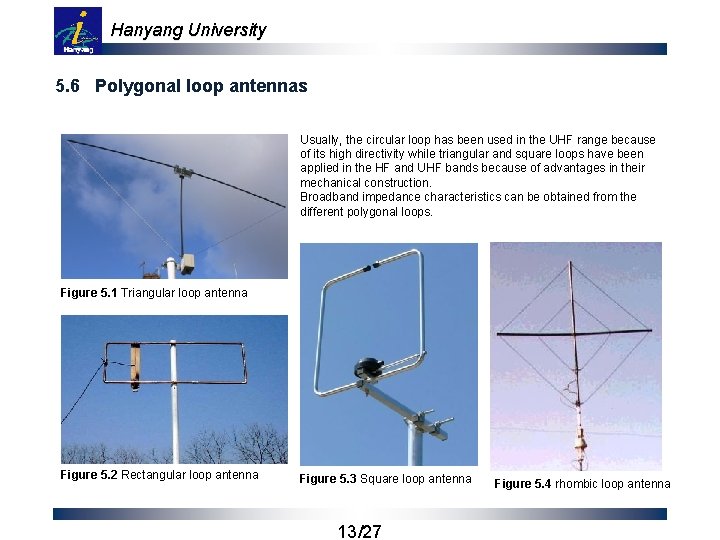 Hanyang University 5. 6 Polygonal loop antennas Usually, the circular loop has been used