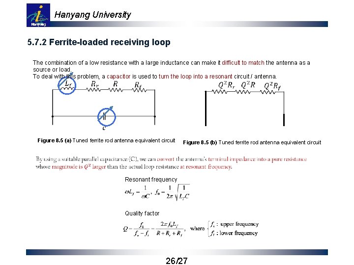 Hanyang University 5. 7. 2 Ferrite-loaded receiving loop The combination of a low resistance
