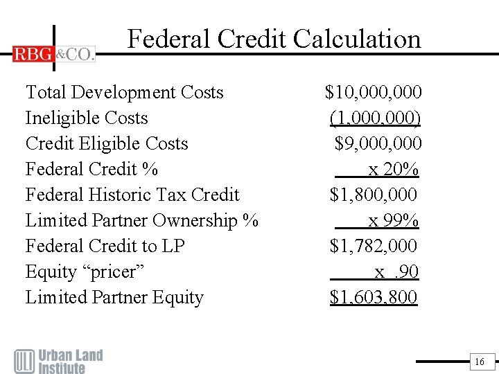 Federal Credit Calculation Total Development Costs Ineligible Costs Credit Eligible Costs Federal Credit %