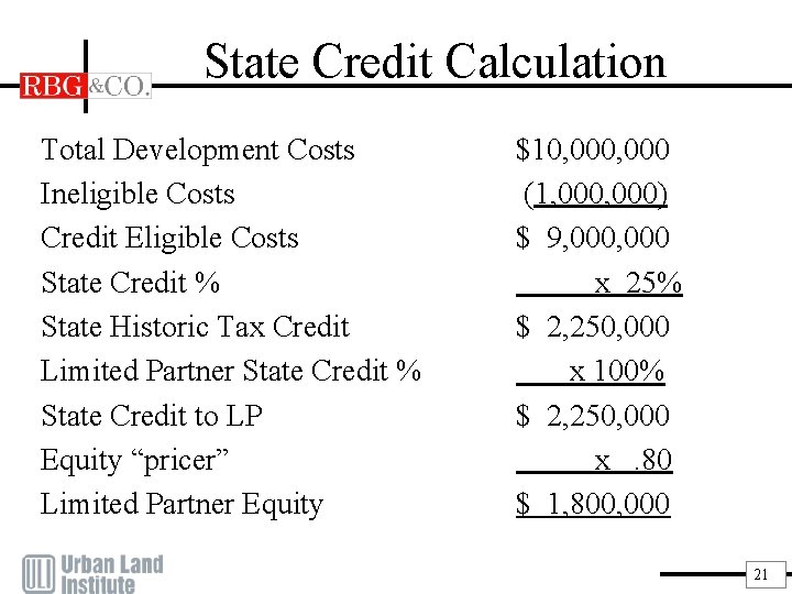 State Credit Calculation Total Development Costs Ineligible Costs Credit Eligible Costs State Credit %