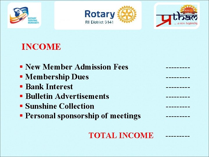 INCOME § New Member Admission Fees § Membership Dues § Bank Interest § Bulletin