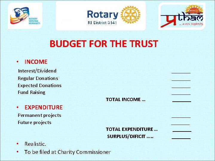 BUDGET FOR THE TRUST • INCOME Interest/Dividend Regular Donations Expected Donations Fund Raising _______