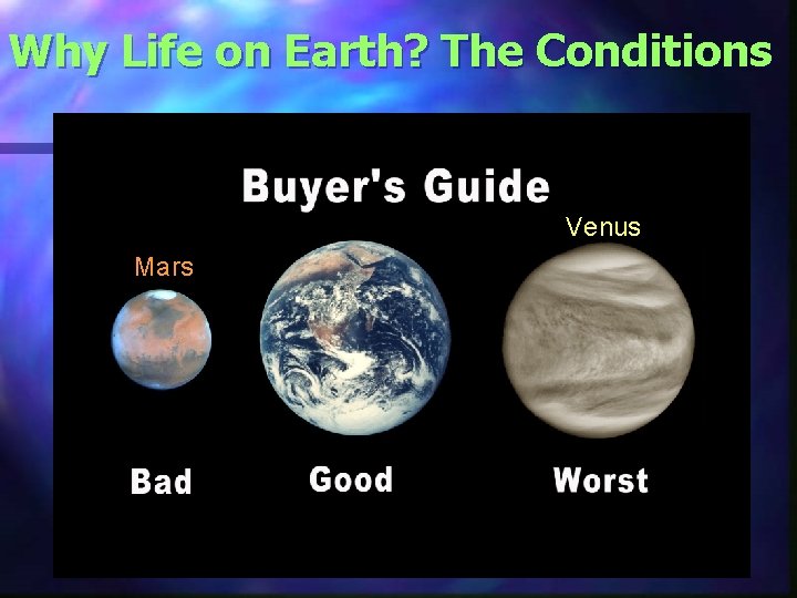 Why Life on Earth? The Conditions Venus Mars 