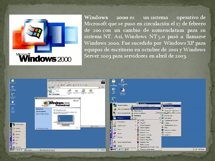 Windows 2000 es un sistema operativo de Microsoft que se puso en circulación el