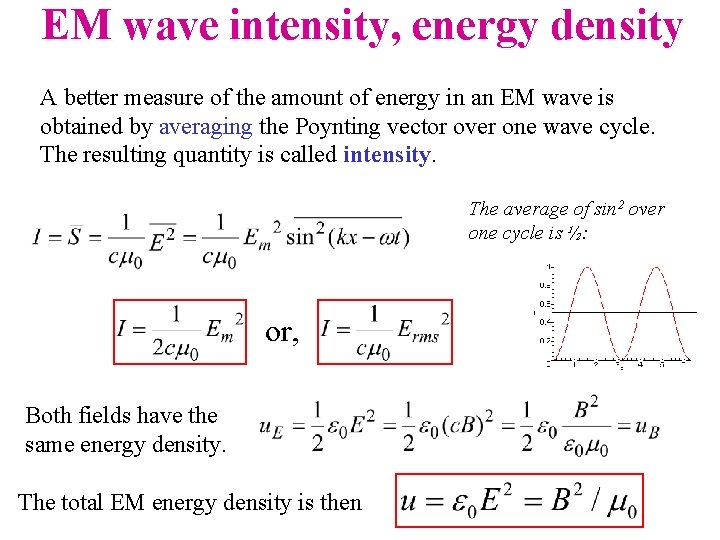 EM wave intensity, energy density A better measure of the amount of energy in