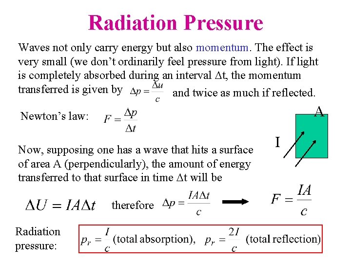 Radiation Pressure Waves not only carry energy but also momentum. The effect is very