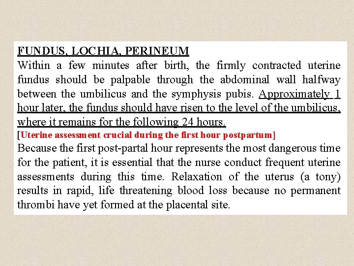 FUNDUS, LOCHIA, PERINEUM Within a few minutes after birth, the firmly contracted uterine fundus