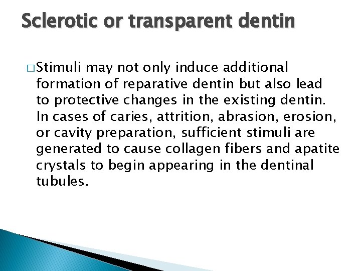 Sclerotic or transparent dentin � Stimuli may not only induce additional formation of reparative