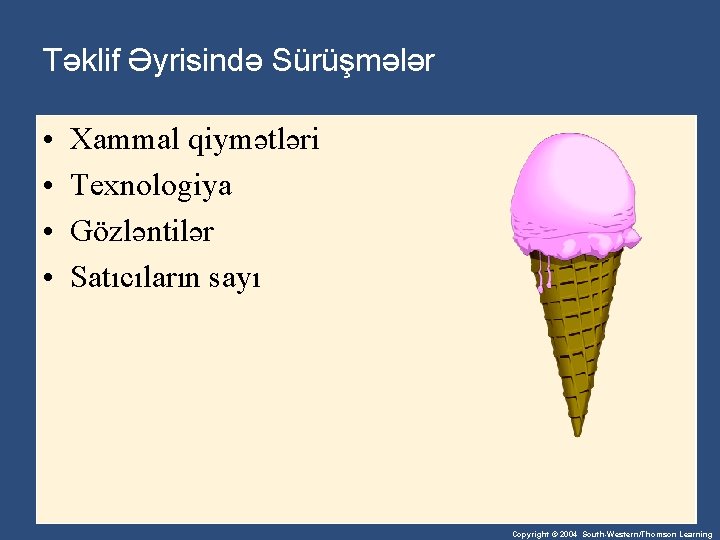 Təklif Əyrisində Sürüşmələr • • Xammal qiymətləri Texnologiya Gözləntilər Satıcıların sayı Copyright © 2004