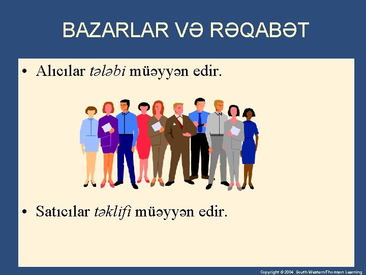 BAZARLAR VƏ RƏQABƏT • Alıcılar tələbi müəyyən edir. • Satıcılar təklifi müəyyən edir. Copyright